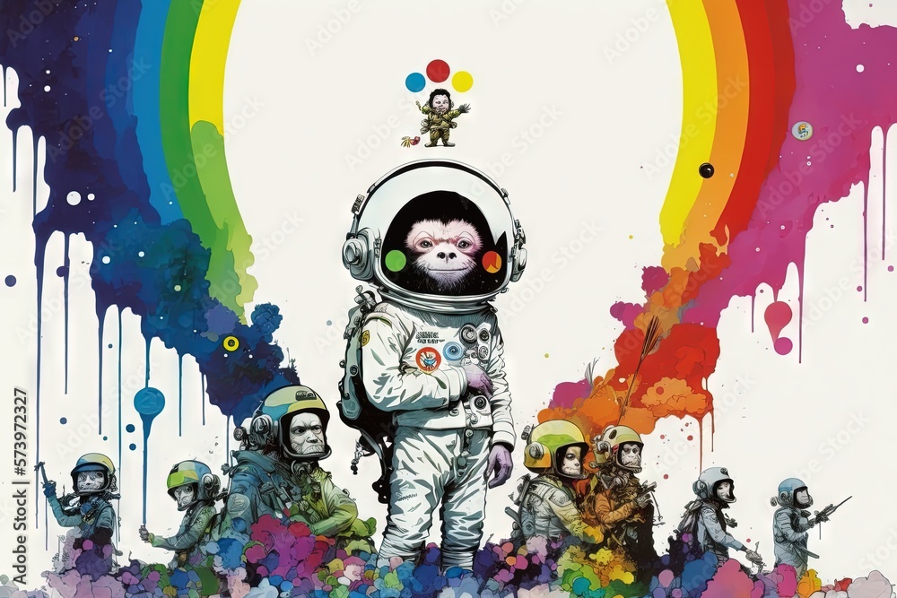  a painting of a monkey in a space suit surrounded by astronauts.  generative ai