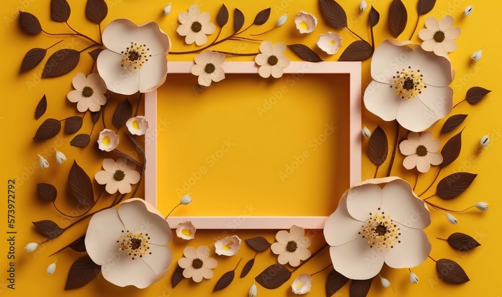  a square frame with paper flowers on a yellow background with leaves.  generative ai