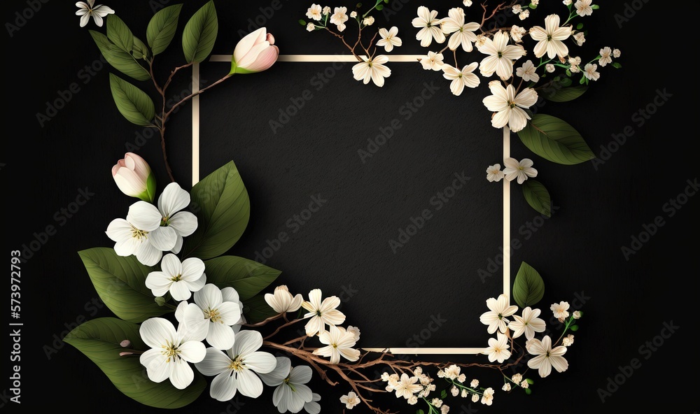  a square frame with flowers and leaves on a black background.  generative ai