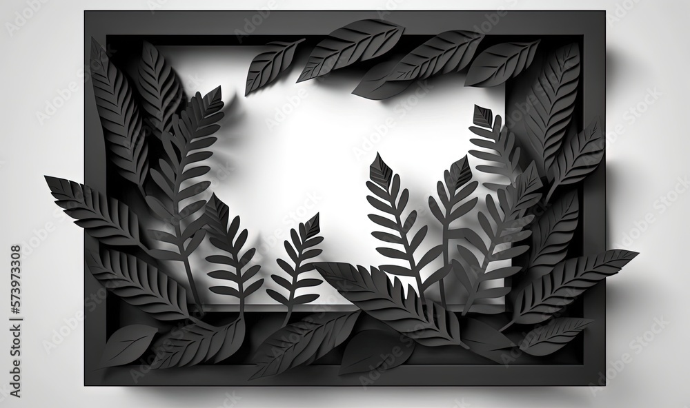  a black and white photo of leaves in a square frame.  generative ai