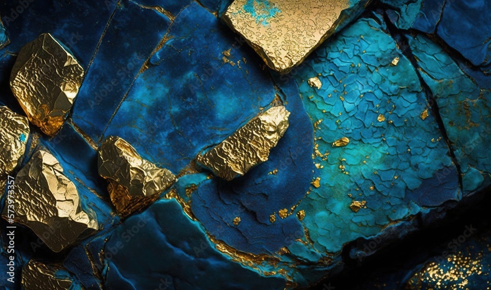  a close up of a blue and gold wall with gold foil.  generative ai