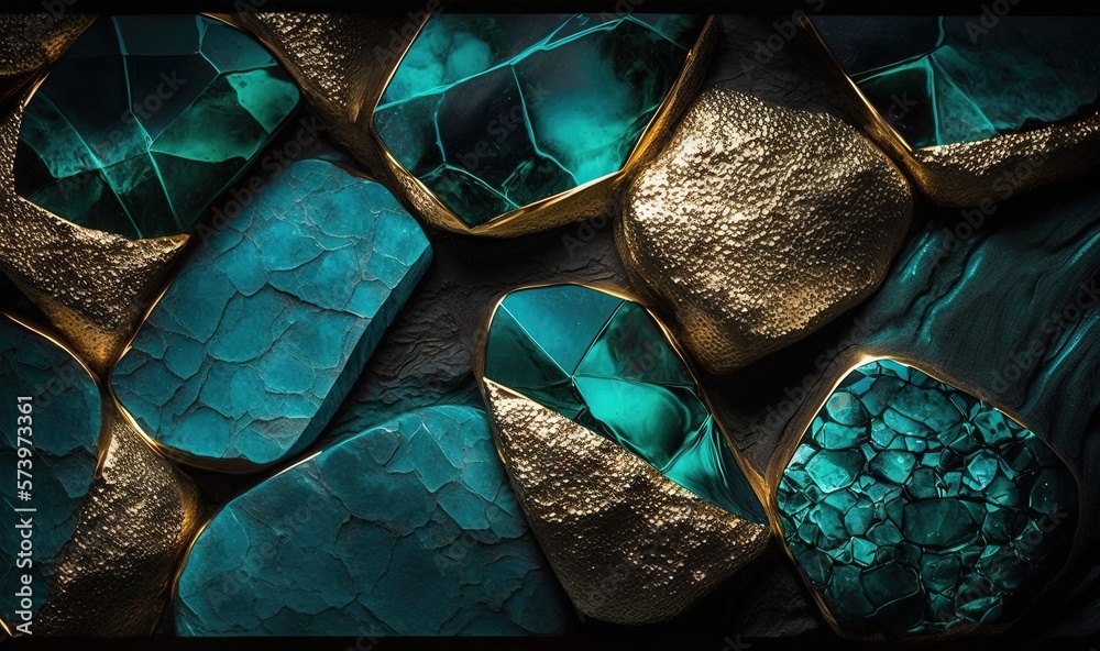  a close up of some green and gold pieces of glass.  generative ai