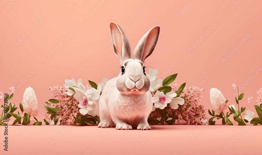  a white rabbit sitting in front of a pink background with flowers.  generative ai