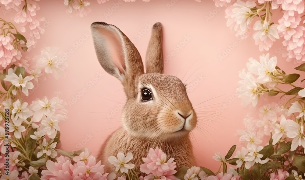  a painting of a rabbit surrounded by pink and white flowers.  generative ai