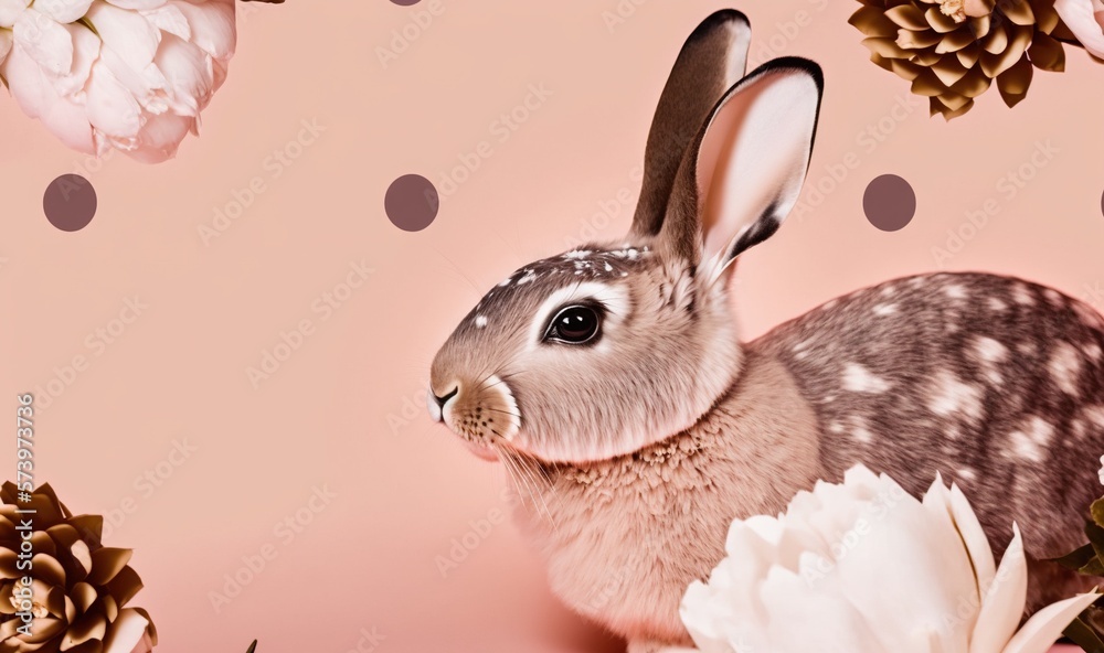  a rabbit sitting in front of a pink background with flowers.  generative ai