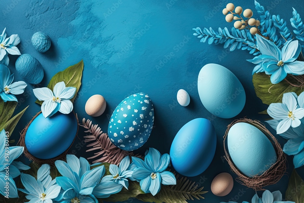  a blue background with blue flowers and blue eggs and leaves.  generative ai