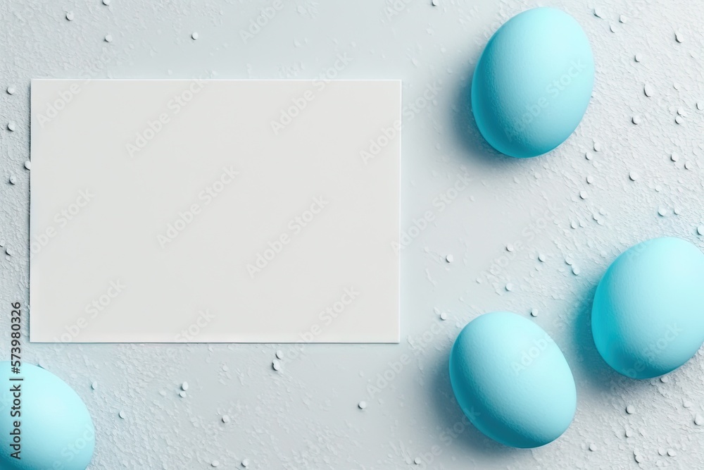  a white paper surrounded by blue eggs on a white surface.  generative ai