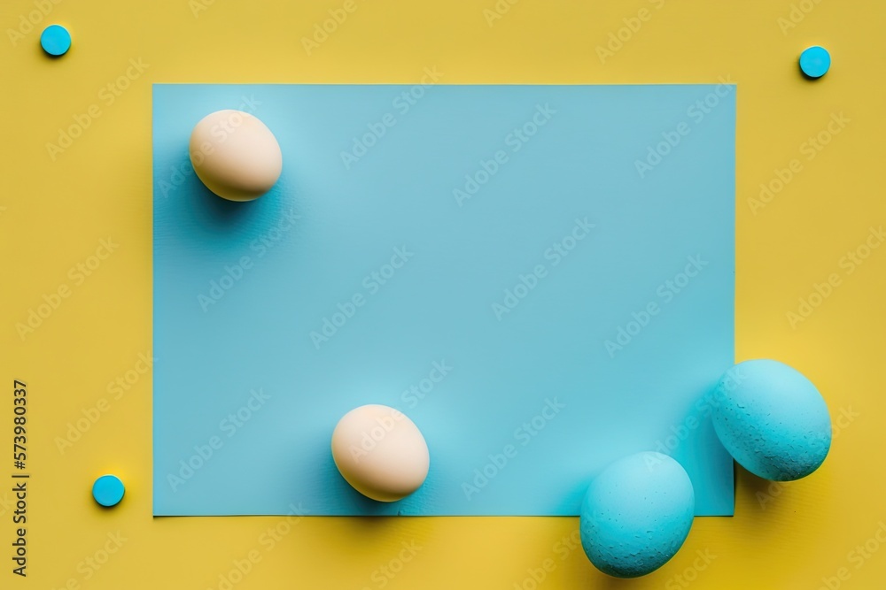  a blue and yellow background with three eggs on a blue and yellow background.  generative ai