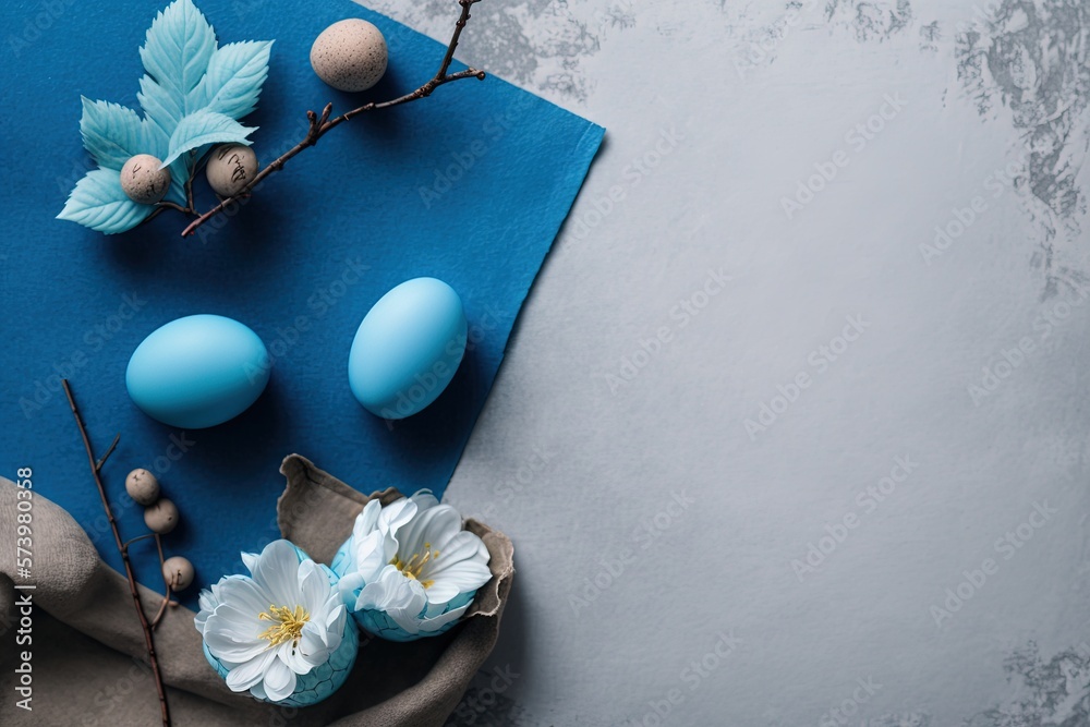  a blue napkin with flowers and eggs on top of it.  generative ai