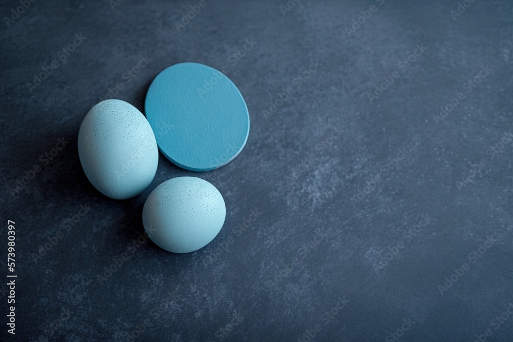  three blue and one white eggs on a black surface with one blue egg in the middle.  generative ai