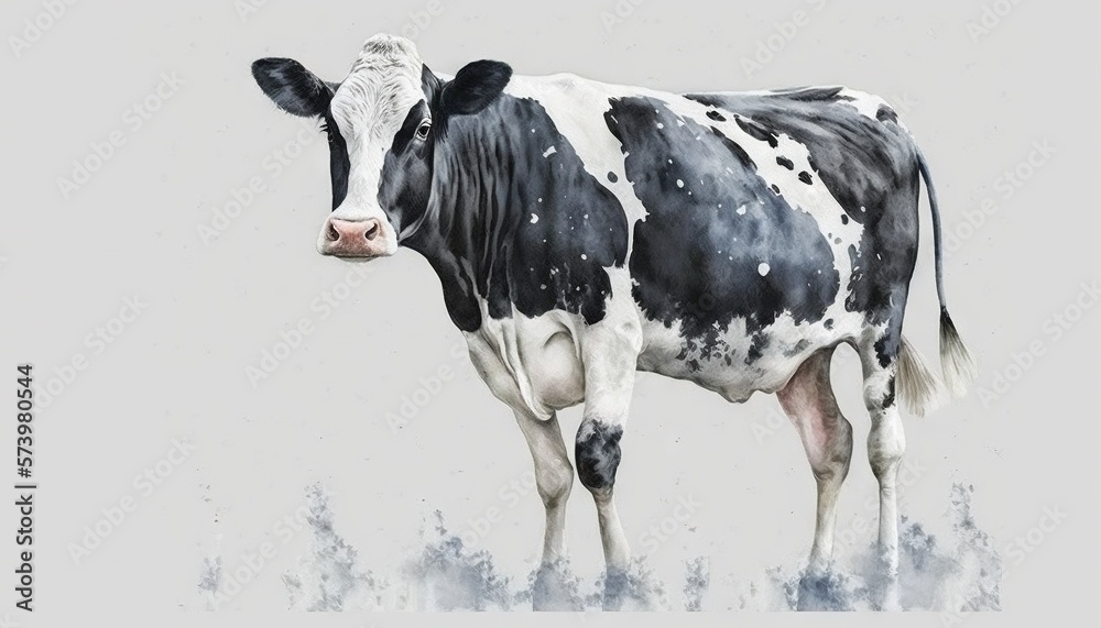  a black and white cow standing in a field of snow.  generative ai