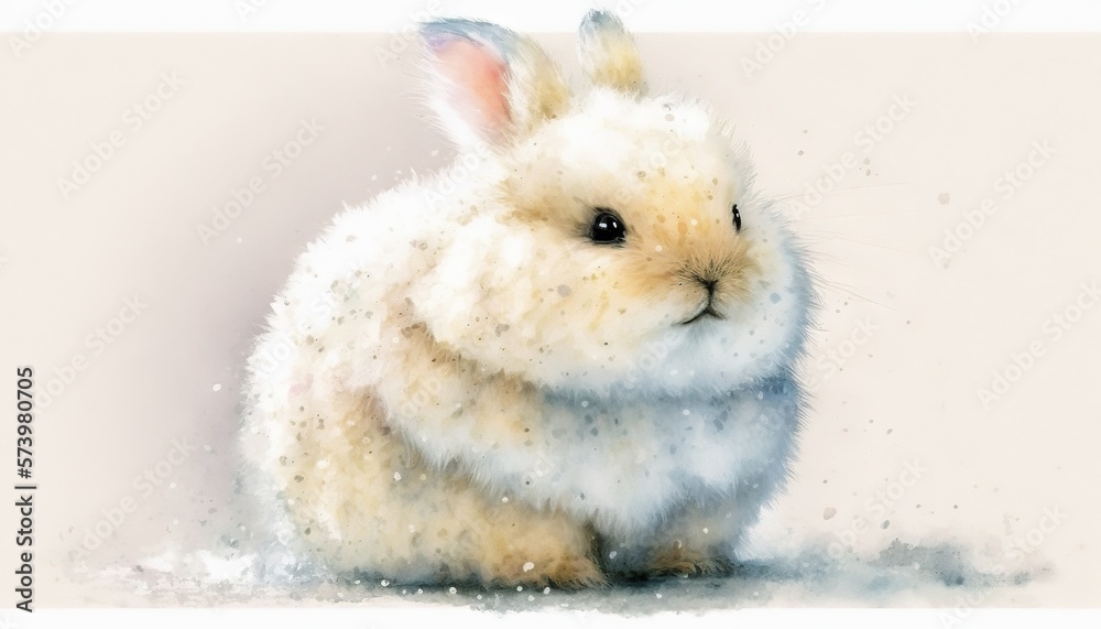  a painting of a white rabbit sitting on the ground with snow all over it.  generative ai