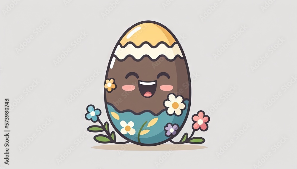  a cartoon easter egg with a happy face and flowers around it.  generative ai