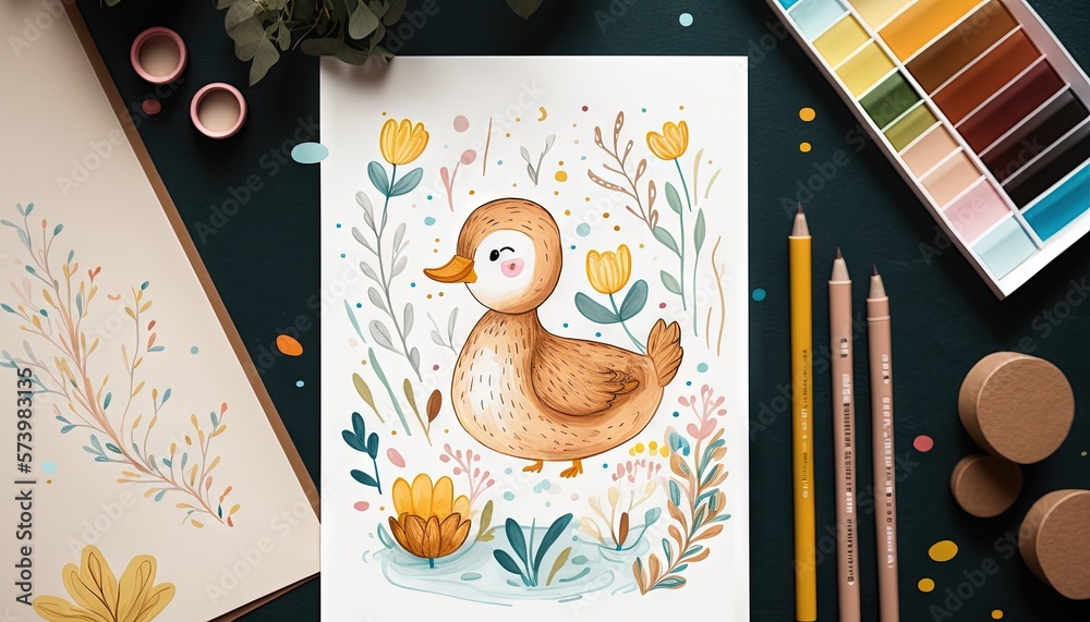  a watercolor painting of a duck surrounded by flowers and leaves.  generative ai