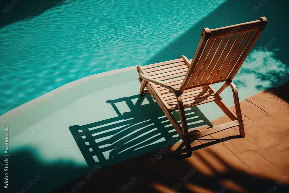  a wooden chair sitting next to a swimming pool with a shadow of a chair on it.  generative ai