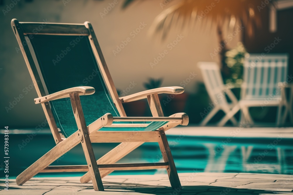  a wooden lawn chair sitting next to a swimming pool with a chair next to it.  generative ai