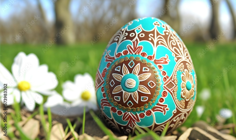  a painted egg sitting on top of a field of grass.  generative ai