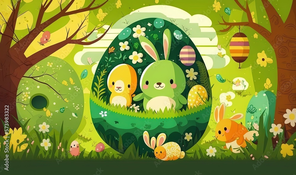  a painting of a bunny and rabbit in a green egg surrounded by trees.  generative ai