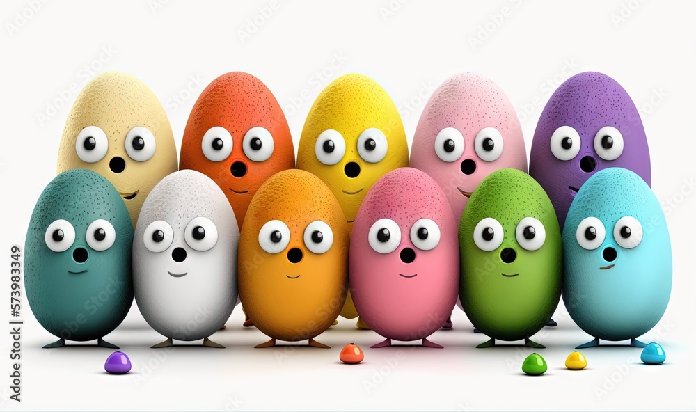  a group of colorful eggs with eyes and noses on them.  generative ai