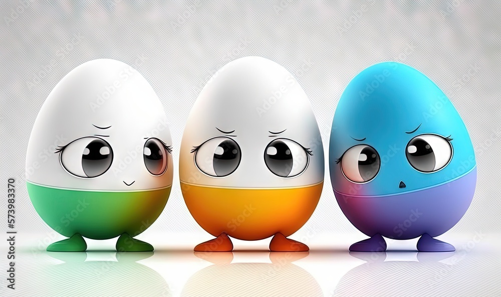  a group of three eggs with different colored eggs on them.  generative ai