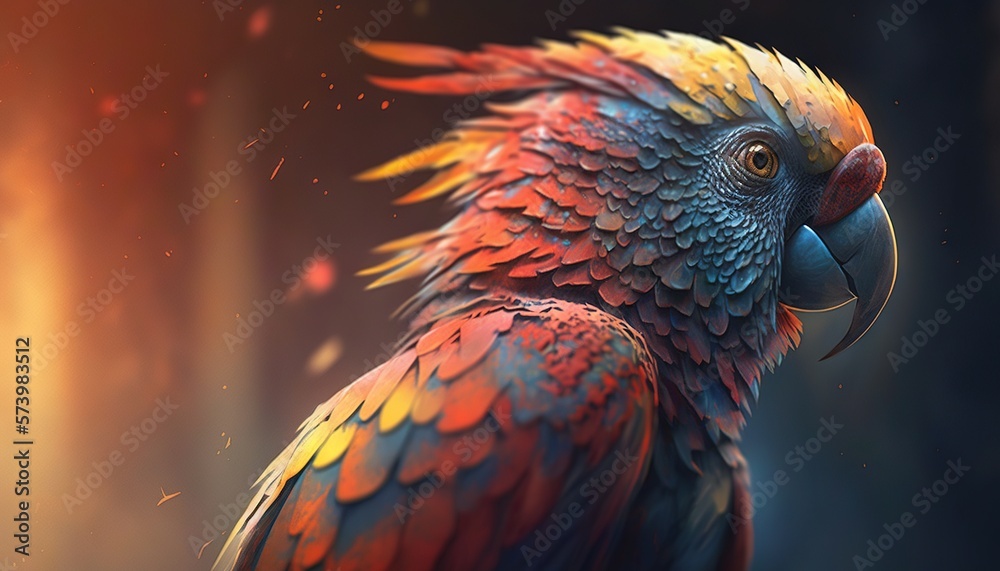  a colorful bird with a red, yellow, and blue feathers.  generative ai