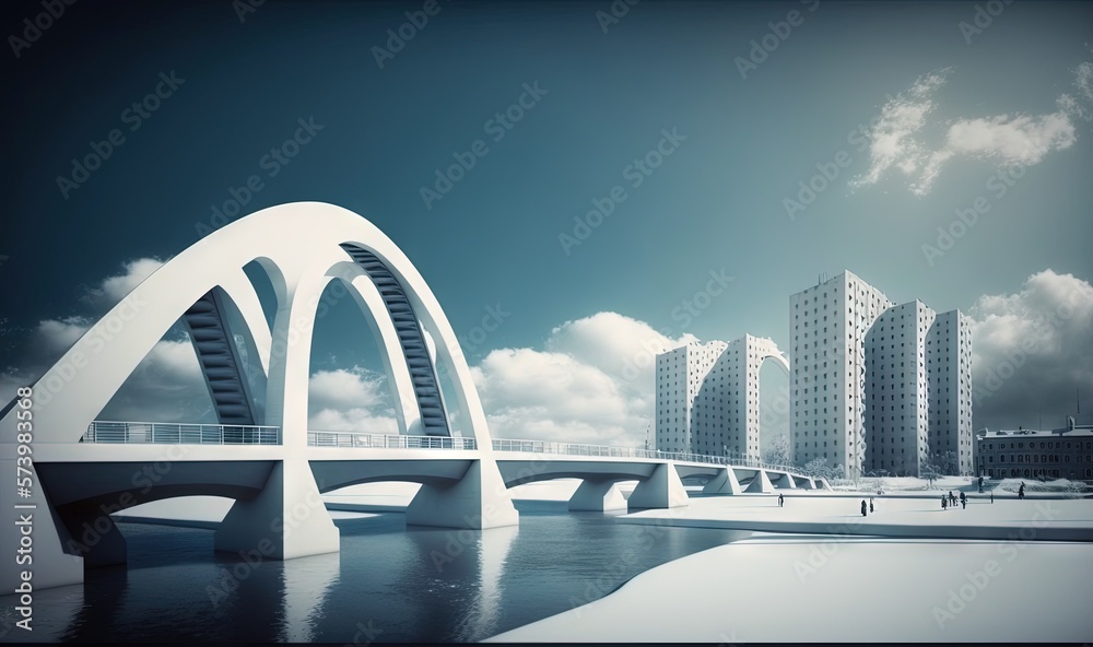  a bridge over a body of water with tall buildings in the background.  generative ai