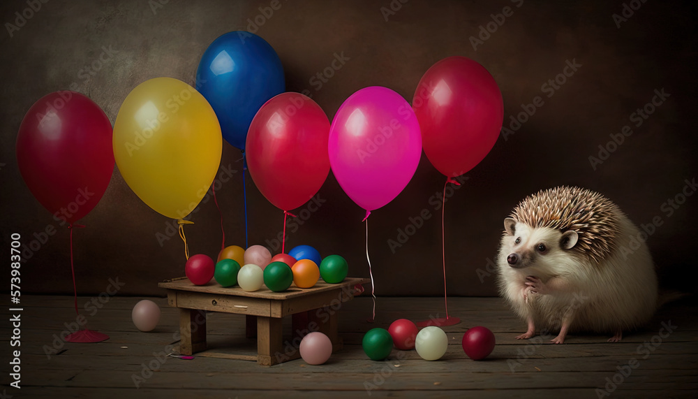  a hedgehog sitting in front of a table with balloons.  generative ai