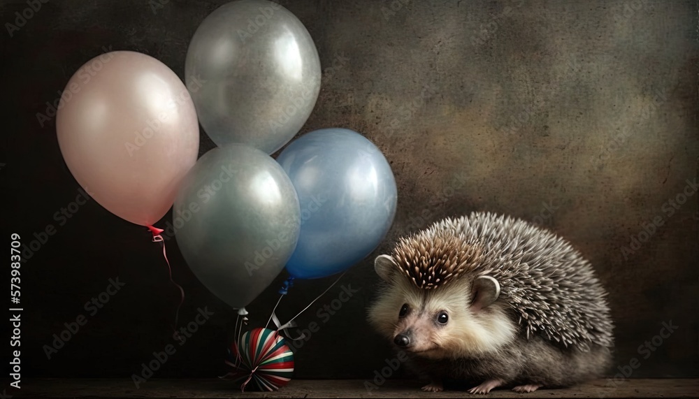  a hedgehog is standing next to a bunch of balloons.  generative ai