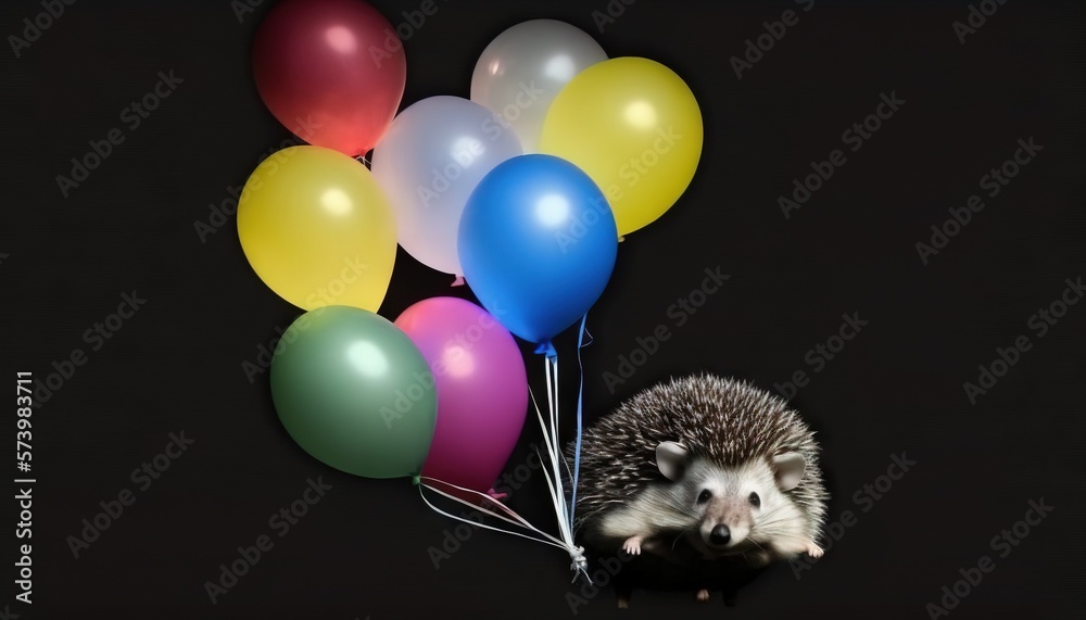  a hedgehog with a bunch of balloons on a black background.  generative ai