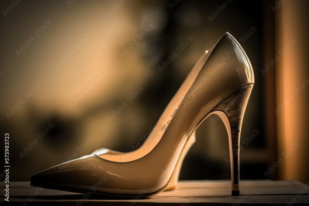  a pair of high heeled shoes sitting on top of a wooden table.  generative ai