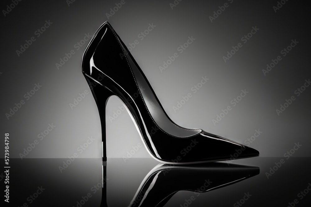  a black high heeled shoe on a reflective surface with a reflection.  generative ai