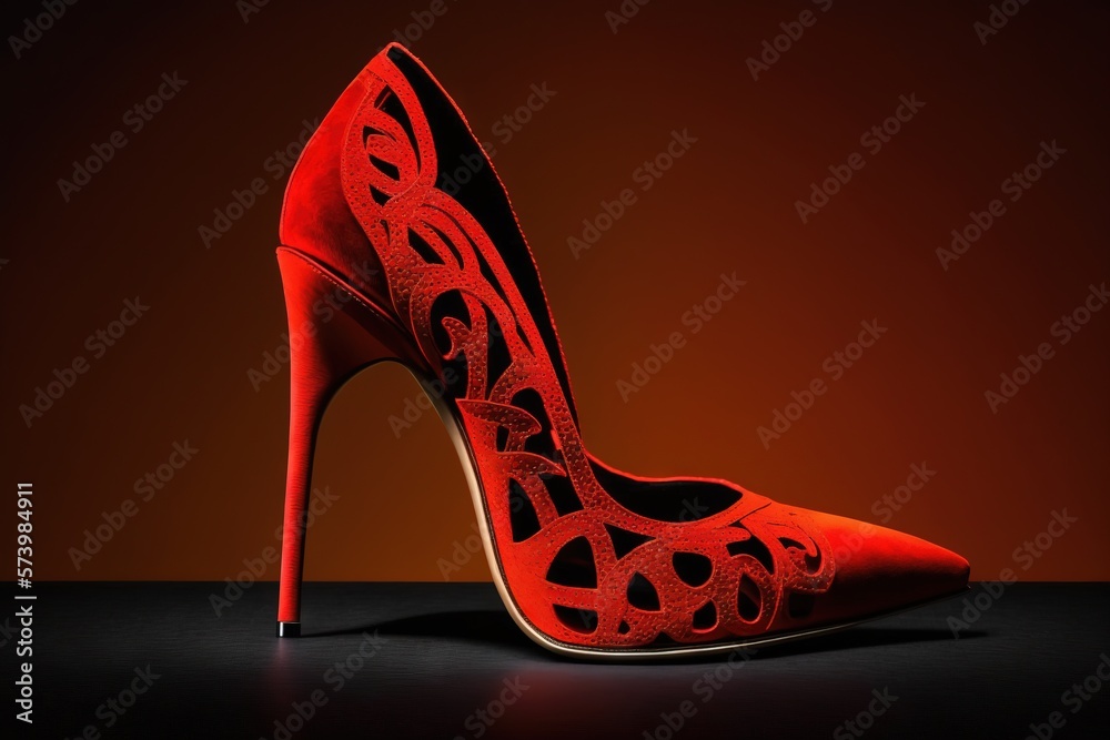  a red high heeled shoe with intricate cutouts on the side.  generative ai