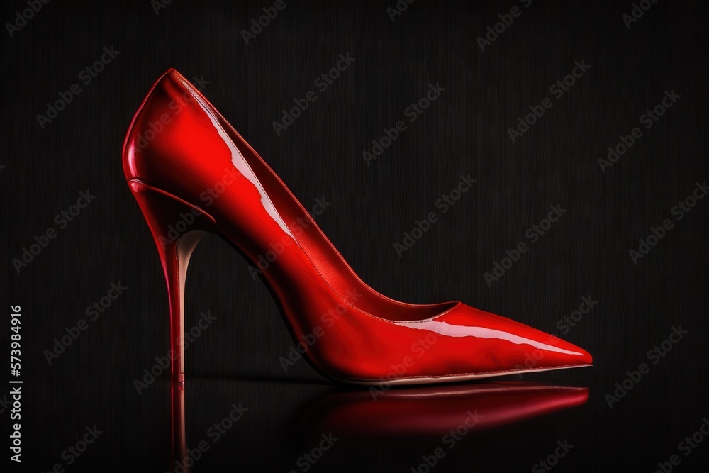  a red high heeled shoe on a black surface with a reflection.  generative ai