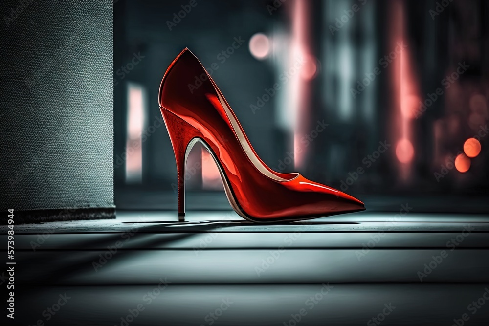  a red high heeled shoe sitting on the ground in front of a building.  generative ai