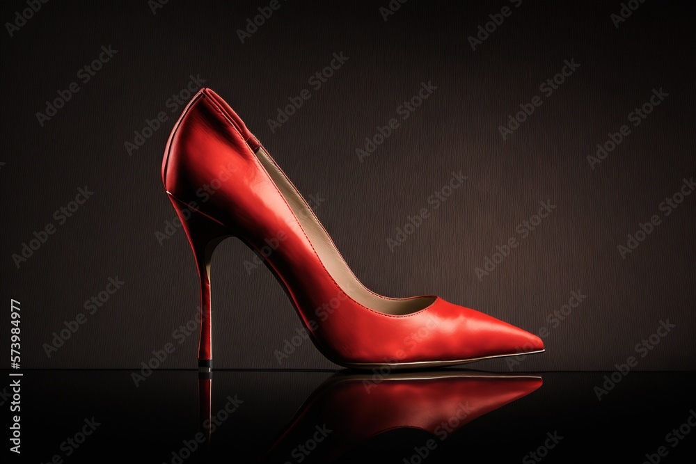  a red high heeled shoe on a reflective surface with a dark background.  generative ai