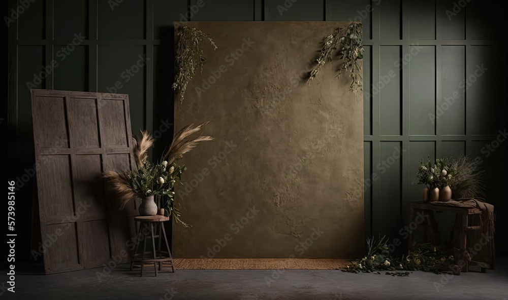  an empty room with a large painting and a plant in the corner.  generative ai