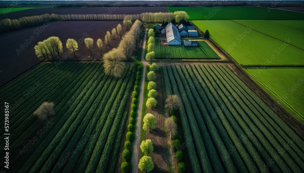 Generative AI, Farm landscape, agricultural fields, beautiful countryside, country road. Nature Illu