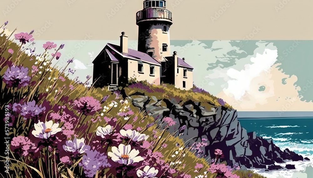  a painting of a lighthouse on a cliff by the ocean.  generative ai