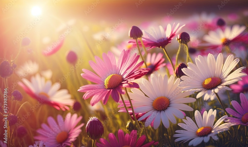  a field full of pink and white flowers with the sun shining in the background.  generative ai