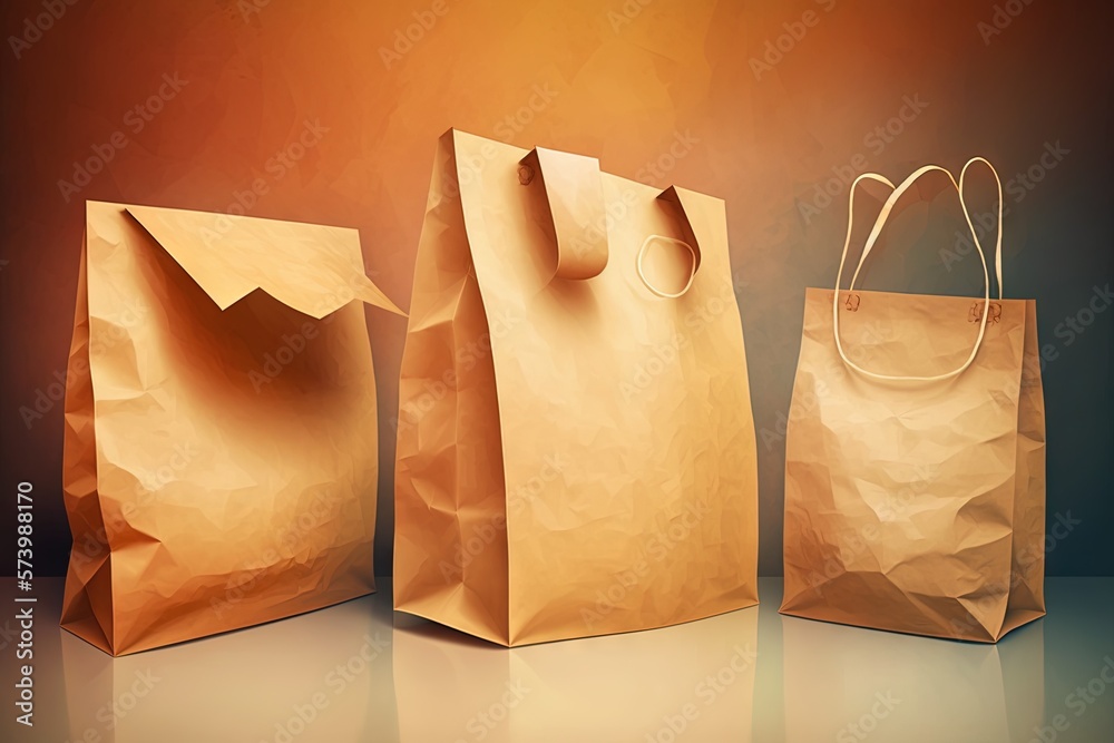  three brown paper bags sitting on top of a table next to each other.  generative ai