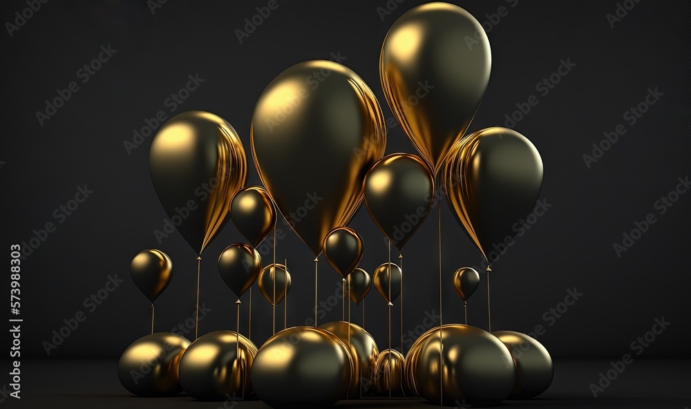  a bunch of gold balloons floating in the air on a black background.  generative ai