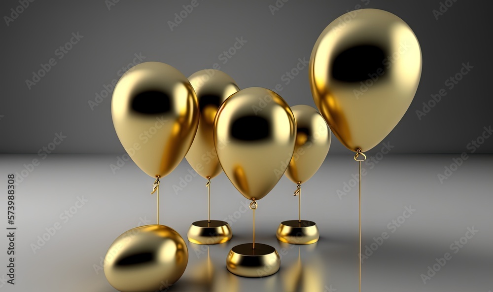  a group of gold balloons floating in the air next to each other.  generative ai