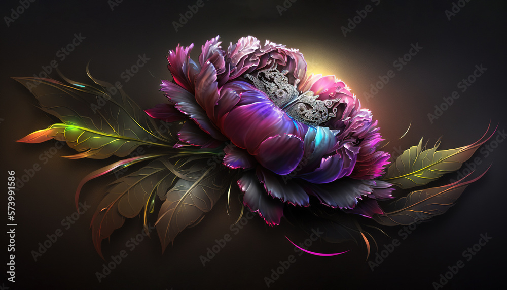  a colorful flower with a crown on top of it on a black background.  generative ai