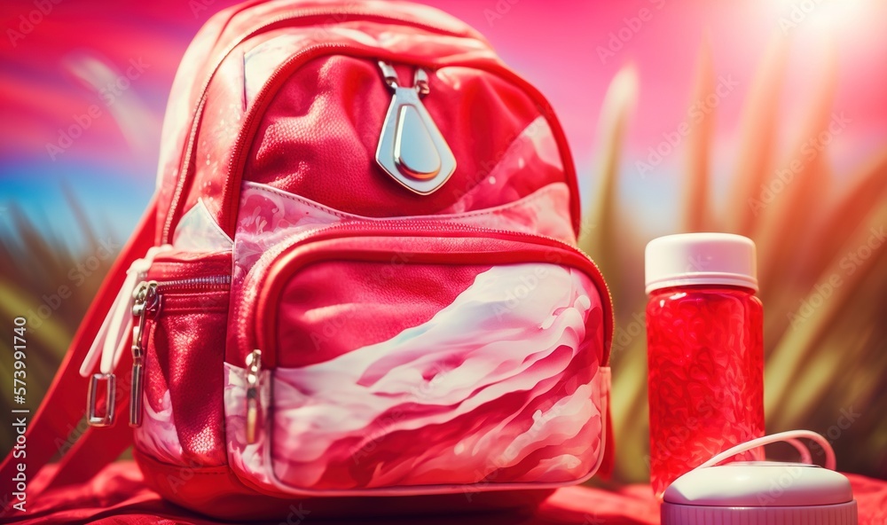  a red backpack with a bottle of water next to it.  generative ai