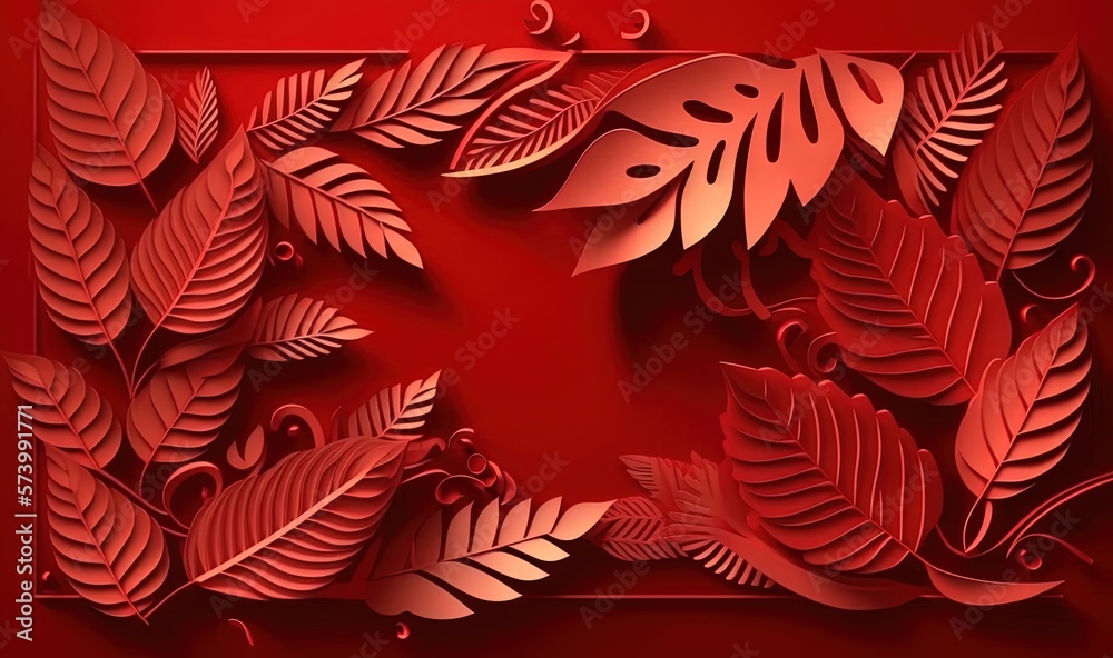  a red paper cut of leaves on a red background with a red frame.  generative ai