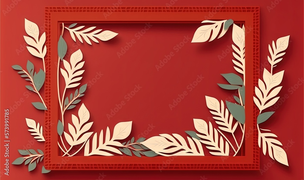  a paper cut frame with leaves and branches on a red background.  generative ai