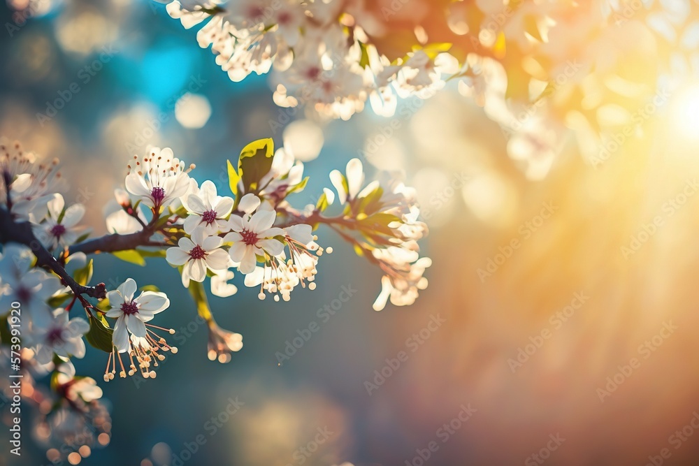  a branch of a tree with white flowers in the sunlight.  generative ai