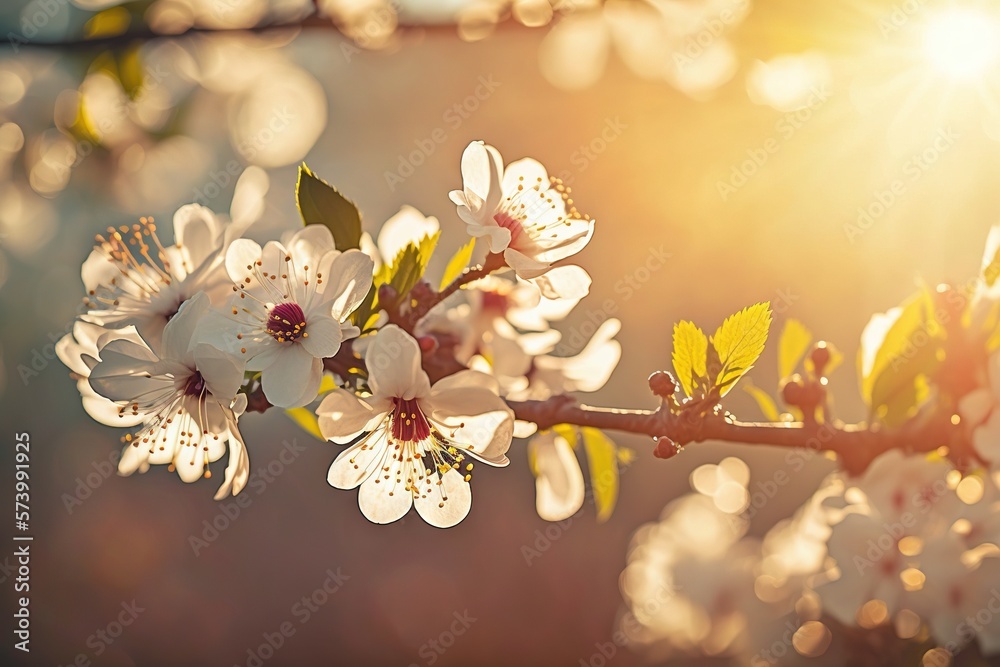  a branch of a tree with white flowers in the sunlight.  generative ai