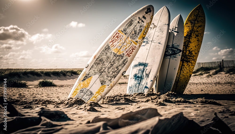  a couple of surfboards that are sitting in the sand.  generative ai