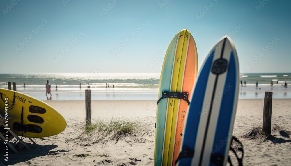  a couple of surfboards that are sitting in the sand.  generative ai